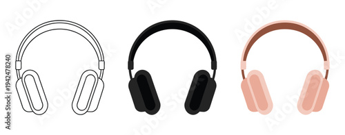Three headphone icons in different styles, outline, silhouette, and color. Audio device symbols, music and sound concept, electronics illustration
