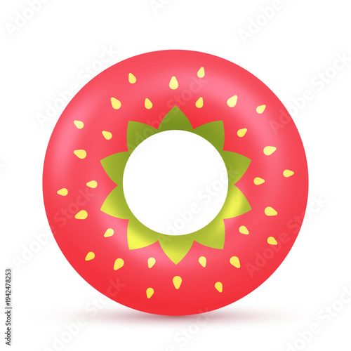 Cute swim ring icon isolated on white background. Rubber pool toy. Realistic inflatable tube strawberry color