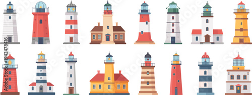 Colorful lighthouse vector collection, maritime navigation towers, coastal beacon buildings, nautical architecture icons, seaside safety landmarks, flat illustration set