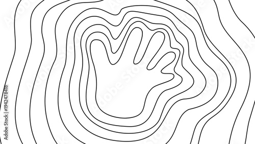 white hand silhouette surrounded by black concentric wavy lines on white background