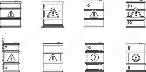 Set of industrial barrels with warning and hazard symbols minimalist outline icons for chemical waste and dangerous material concepts isolated on white background