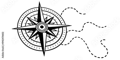 Vintage nautical compass rose vector illustration featuring a north arrow direction symbol for sea travel and adventure navigation on a white background