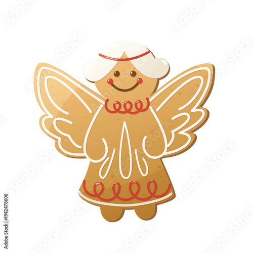Sweet glazed Christmas cookie in the shape of an angel. Festive winter decorated baked good