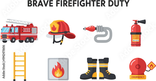 Illustrations of firefighter tools and equipment including a truck helmet hose extinguisher ladder flame boots and alarm