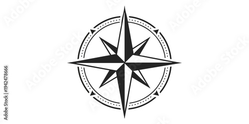 A nautical windrose icon with a star design serves as a vector navigation symbol for travel and adventure, showing north, south, east, and west directions on a black background