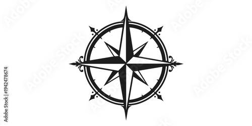 Detailed vector illustration of a nautical compass rose icon showing north direction for travel and sea exploration discovery on a map with white and black background adventure symbol signs
