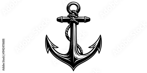 A heavy metal nautical anchor icon with a vintage steel chain and rope isolated on a white background as a marine symbol for navy ship sailing and sea security vector illustration design