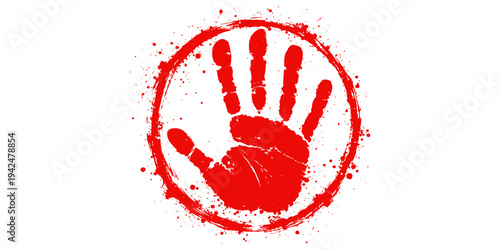 A grunge red bloody hand print shape creates a heart symbol for a unique Valentine holiday card design with paint art illustration and romance text