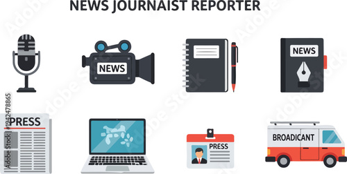 Illustrations of newsrelated items including a microphone camera notepad newspaper laptop and broadcasting van