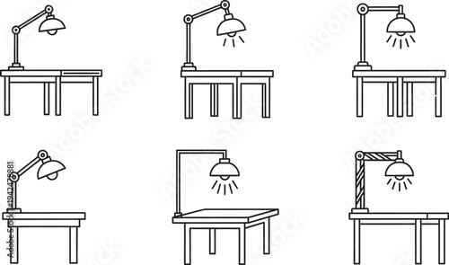 Various line art desk lamp illustrations on tables minimalist black and white vector elements for workspace study and office design projects