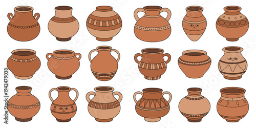 Clay Pots and Ceramic Vases Set Featuring Earthenware Vessels Various Shapes Patterns Pottery Vector Illustration
