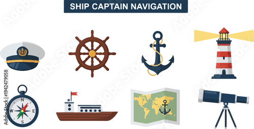 Illustrations of ship captain navigation tools including a hat wheel anchor lighthouse compass ship map and telescope