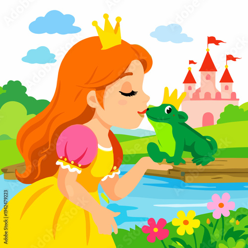 Beautiful princess kisses a frog in a bright fairytale garden with a castle in the background. Magical storybook scene evokes enchantment, transformation, romance and fantasy adventure.