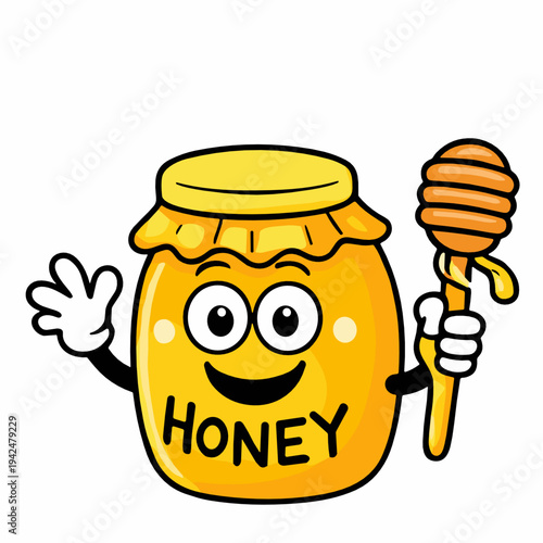 Cheerful honey jar mascot holding dipper and waving. Golden sweet food character highlights natural sweetness, organic beekeeping, breakfast topping and healthy farm product branding.