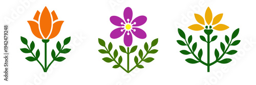 Simple spring flower icon set with orange tulip, purple blossom and yellow bloom with leafy stems. Bright botanical vector for garden branding, nursery decor and seasonal design.