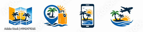 Set of tropical travel icons featuring brochure, location pin, smartphone and island scene with airplane. Bright flat vector collection for tourism, booking and vacation branding.