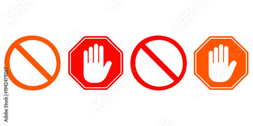 A vector illustration of a red forbidden no smoking and no entry sign featuring a human hand gesture and stop symbol as a business warning signal for web and internet security