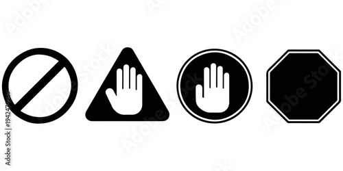 Vector illustration set of abstract background designs and glossy 3d web icons featuring a human hand gesture with a stop warning sign and business logo symbols for a computer internet concept