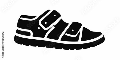 Black silhouette of a sporty closed toe sandal with adjustable straps and thick sole. Comfortable outdoor footwear icon for walking, summer travel, kids fashion and active wear.