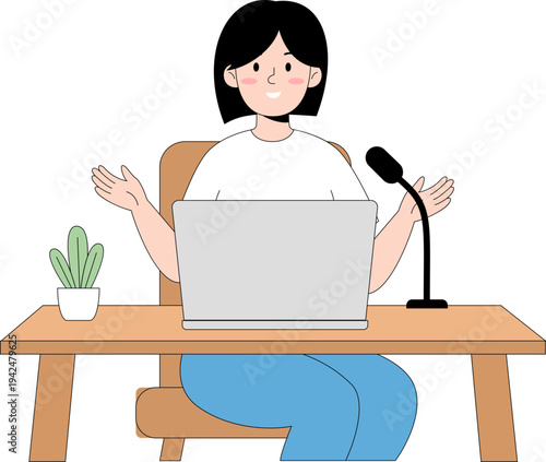A cheerful cartoon woman enthusiastically gestures with open arms while recording a podcast or online presentation, seated at a wooden desk with a laptop, microphone, and a potted succulent,