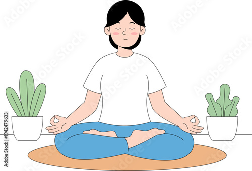 A serene flat vector style depiction of a young woman meditating in the lotus position indoors with closed eyes, surrounded by potted plants, promoting mindfulness and tranquility for wellne