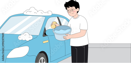 A cheerful young man meticulously washing his blue car with a sponge and soapy water, depicted in a clean, minimalist flat cartoon style, showing everyday car care.