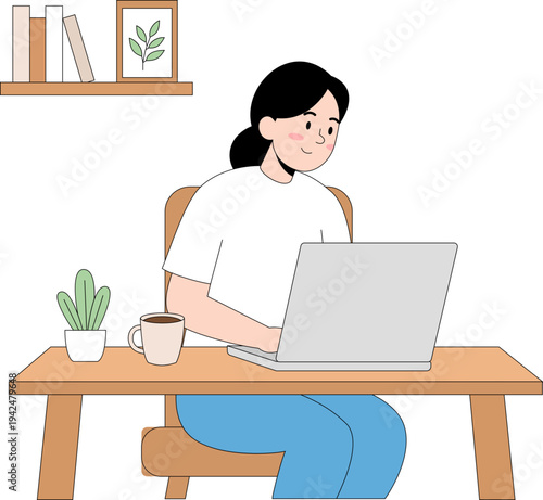 A cheerful woman sitting at a wooden desk, working on a laptop, in a simple, flat vector style, with a minimalist home office setting, featuring a shelf, plant, and coffee cup, focused on pr
