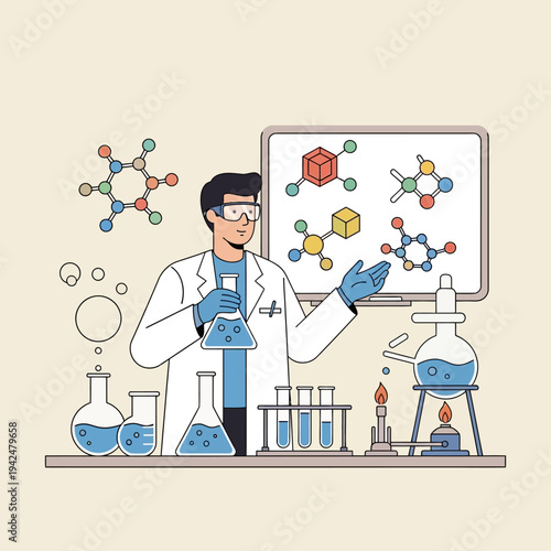 Scientist in lab coat with molecular models and chemistry equipment