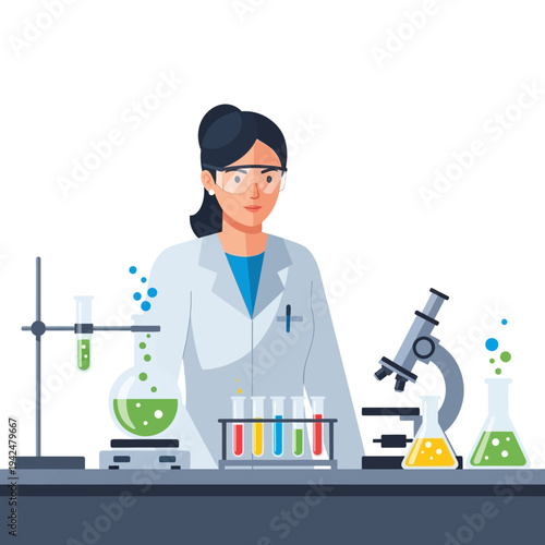 Scientist in lab coat working with chemicals and equipment, research concept