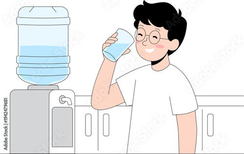 A happy young man in a minimalist cartoon style, drinking fresh water from a glass with a water cooler dispenser in an office or home setting, symbolizing hydration and health.