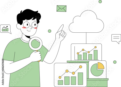 A youthful professional analyzes digital data and cloud computing statistics with a magnifying glass, using clean line art in a soft color palette to represent business analysis and modern i