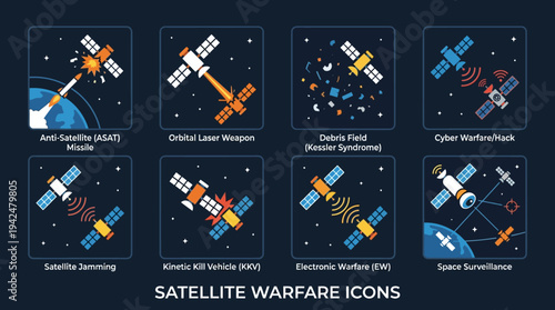  Satellite Warfare Vector Icons Flat Military Orbital Systems