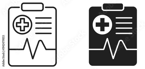 Medical, clipboard report icon collection in outline style, healthcare documentation and patient record symbols, clean modern flat vector design for hospitals
