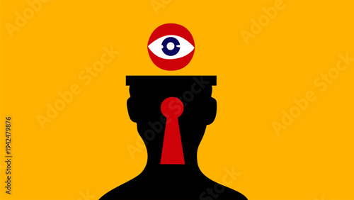 Orange Background With Human Silhouette And Keyhole Head Holding One Red Eye