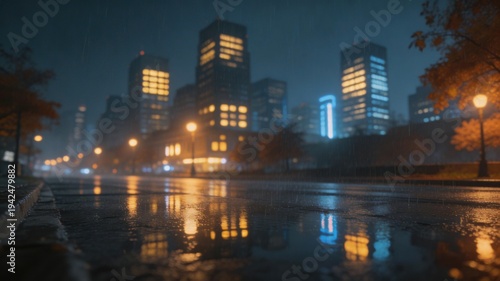 Cityscape under Twilight: An evocative cityscape in the soft glow of twilight. A mesmerizing reflection of lights shimmers on the wet street, creating a serene and captivating scene.