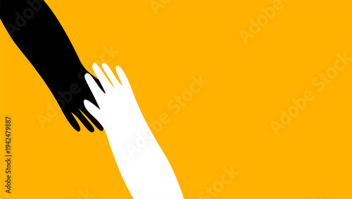 black hand reaching down to meet a white hand on yellow background