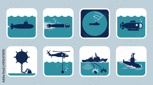 Subsurface Naval Warfare Vector Icons Flat Military Units