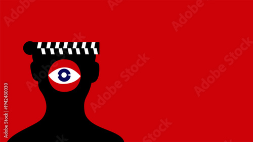 Red Background With Profile Silhouette Head Containing Giant Eye And Striped Pattern