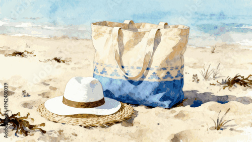 Warm Holiday Beach Bag and Straw Hat isolated watercolor vector illustration svg