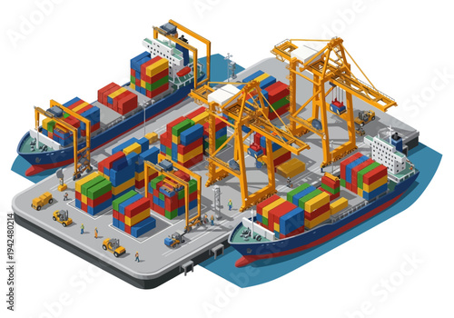 A harbor scene with container ships cranes cargo containers and forklifts on a concrete pier surrounded by water