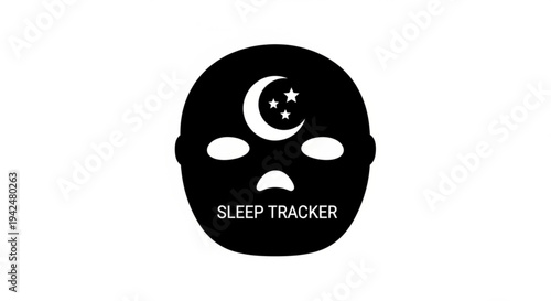 A black and white illustration of a face with a moon on the forehead, symbolizing sleep and technology, viewed from the front.
