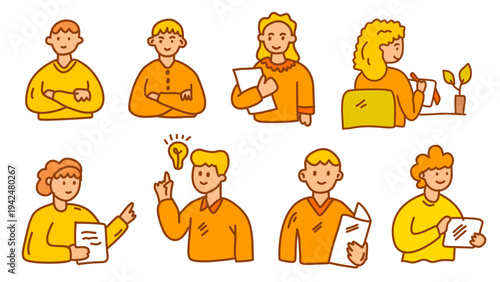 Collection Of Yellow Flat Character People Working Writing And Presenting Business Ideas