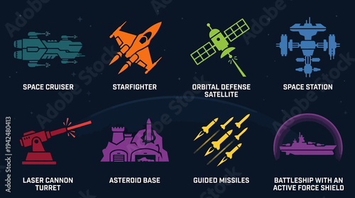 Space Warfare Vector Icons Flat Military Satellites Weapons