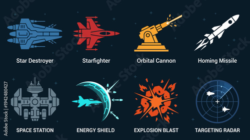 Space Warfare Vector Icons Flat Military Satellites Weapons