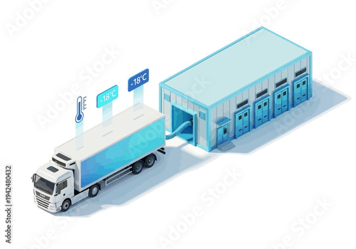 A refrigerated truck connected to a cold storage warehouse Both structures are light blue Temperature indicators float above