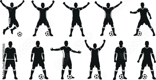 Soccer player celebration silhouette collection featuring football athletes with ball performing victory poses and standing positions sports team vector illustration set