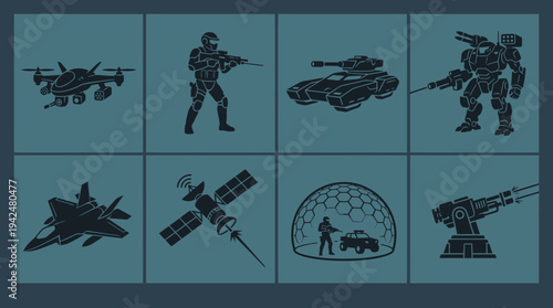  Futuristic Warfare Vector Icons Flat Sci‑Fi Military