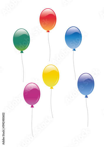 白背景に浮かぶ6色のカラフルな風船（光沢・グラデーション）のイラストセット