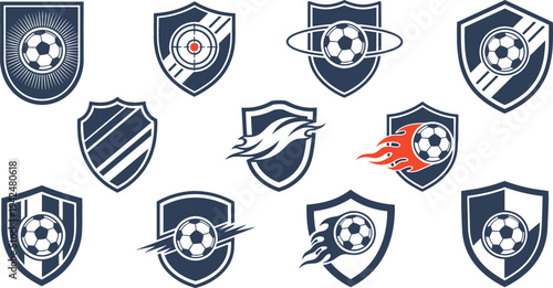Soccer shield badge logo collection featuring football emblems with ball, flame, orbit and stripe elements modern sports team crest vector set