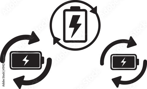 Black and white illustration of battery charging with circular arrows